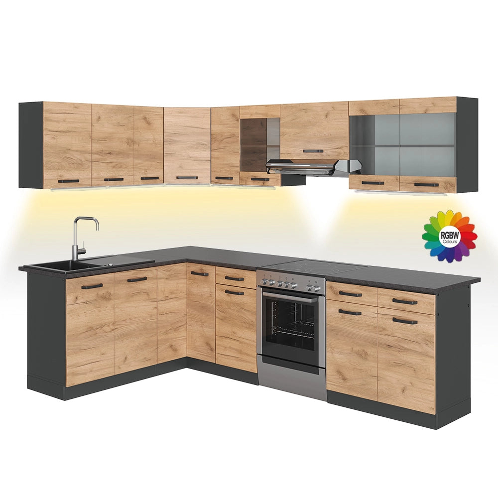Vicco Cucina ad angolo Antracite/quercia dorata 267 x 167 cm , PL Fantasia nera con striscia LED