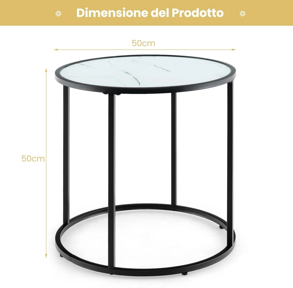 Tavolino da Salotto in Vetro, Tavolino Rotondo con Struttura in Metallo e Piano in Vetro Effetto Marmo, Tavolino da Caffè Moderno per Soggiorno, Camera da Letto e Balcone