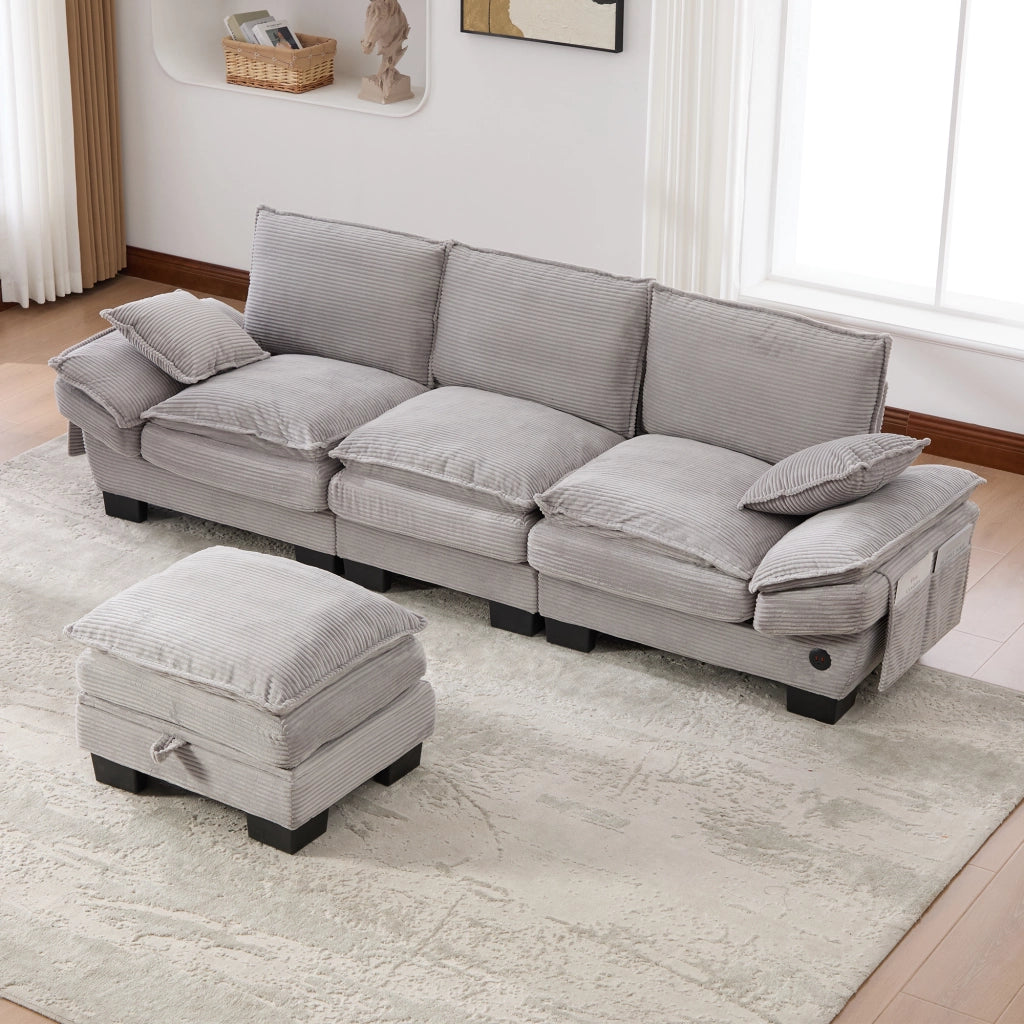 DIVANO Modulare 3 posti 260x132x84 cm in corduroy Grigio Chiaro con pouf