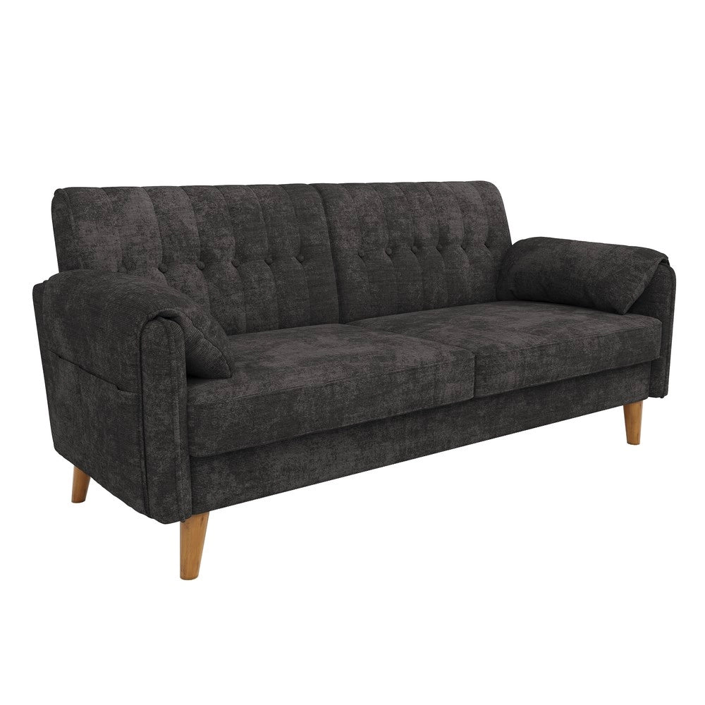 Divano 2 posti in tessuto ¨C Minimal ¨C grigio, gambe in legno massello, con braccioli e cuscini