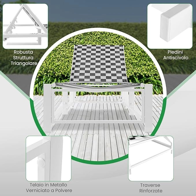 Lettino Giardino con Ruote, Sedia Sdraio Esterno con Schienale Regolabile, con Tessuto Traspirante, Telaio in Metallo, per Giardino Piscina Spiaggia, Portata 180 kg