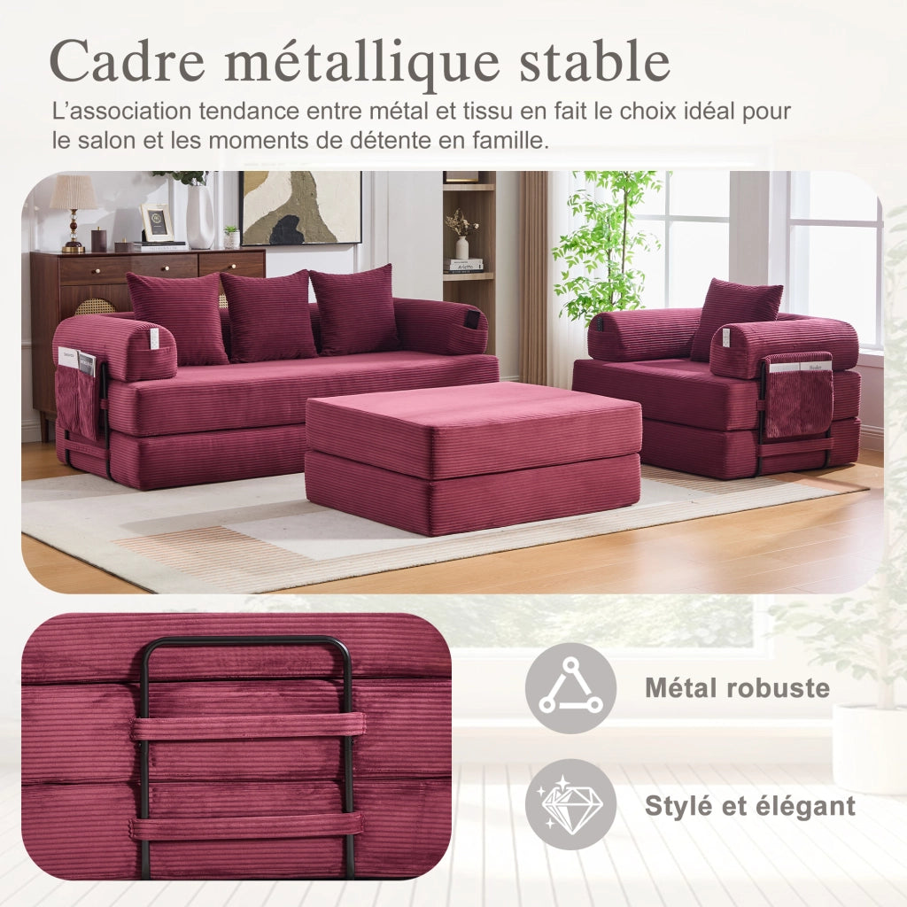 Divano modulare 3 posti - con tasca laterale e cuscini - in corduroy bordeaux