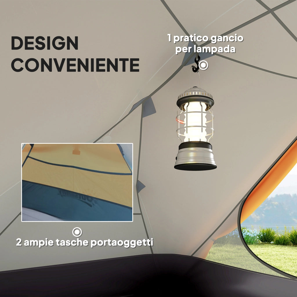 Tenda da Campeggio-Tenda per Escursionismo  2 Posti con 2 Vestiboli, Tenda a Cupola Impermeabile con 2 Porte, 280x225x110 cm, Arancione