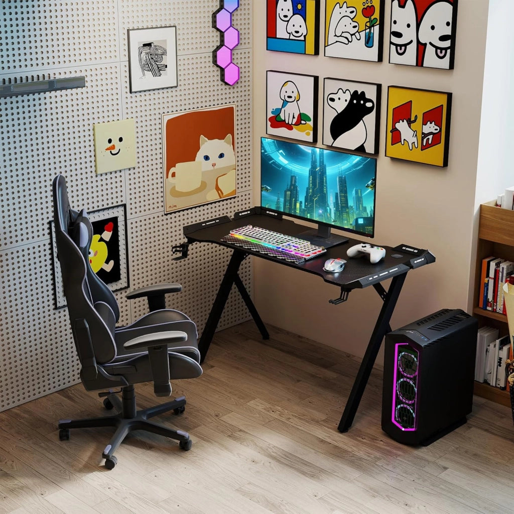 Tavolo da gioco con LED, 140 x 60 cm, scrivania da gioco con porta bevande e gancio per cuffie, tavolo da gioco con rivestimento in fibra di carbonio, nero, telaio a Y