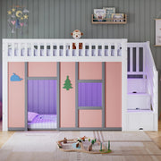Letto a semisoppalco 90x200 cm con scala contenitore e LED in legno e MDF bianco e rosa