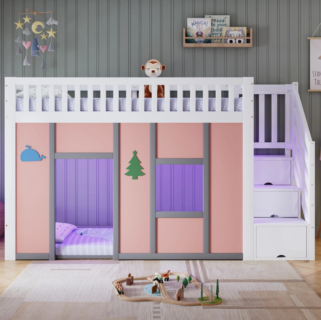 Letto a semisoppalco 90x200 cm con scala contenitore e LED in legno e MDF bianco e rosa