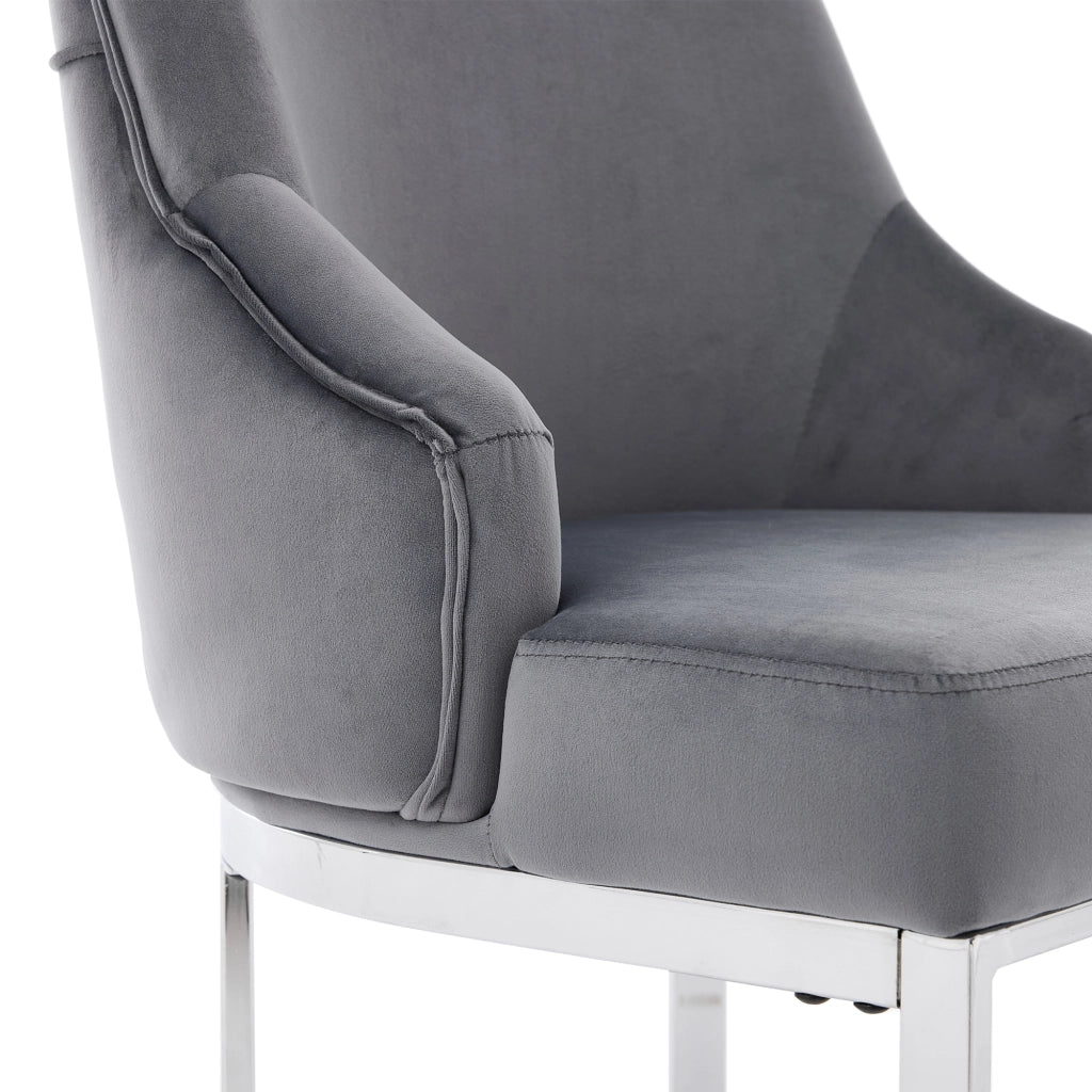 Set di 2 sedie da pranzo in velluto grigio e metallo argentato, schienale trapuntato, stile moderno