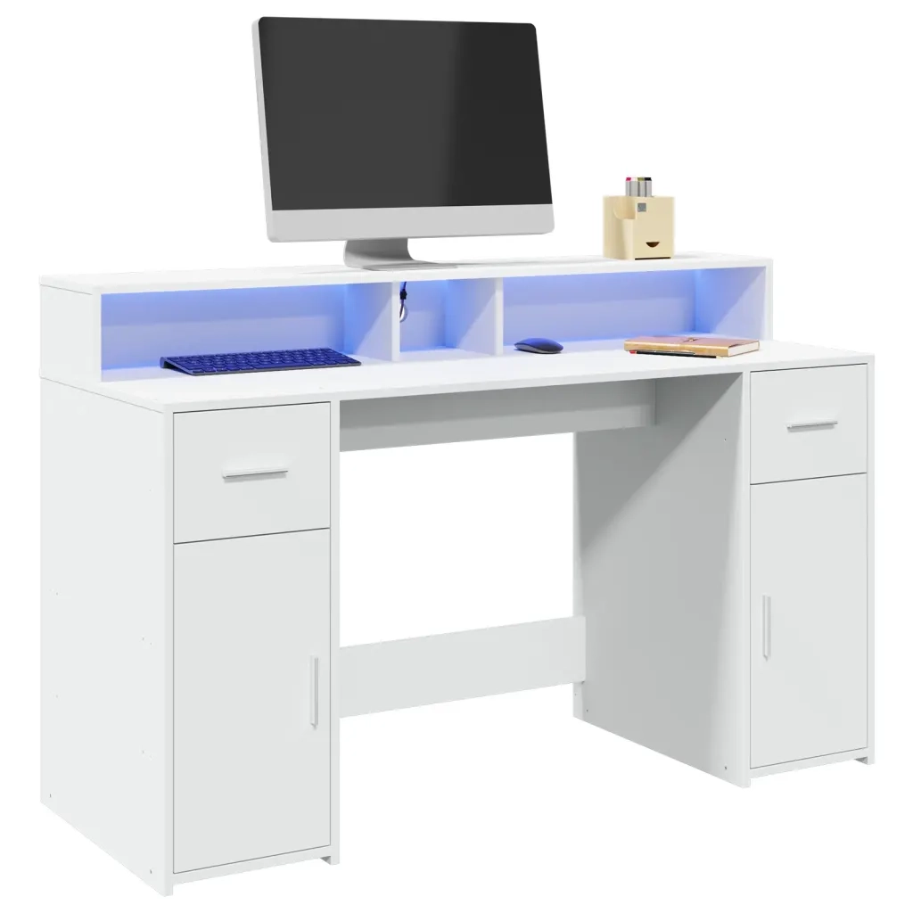 Scrivania | Tavolo da Ufficio con Luci LED Bianca 140x55x91 cm in Legno Multistrato