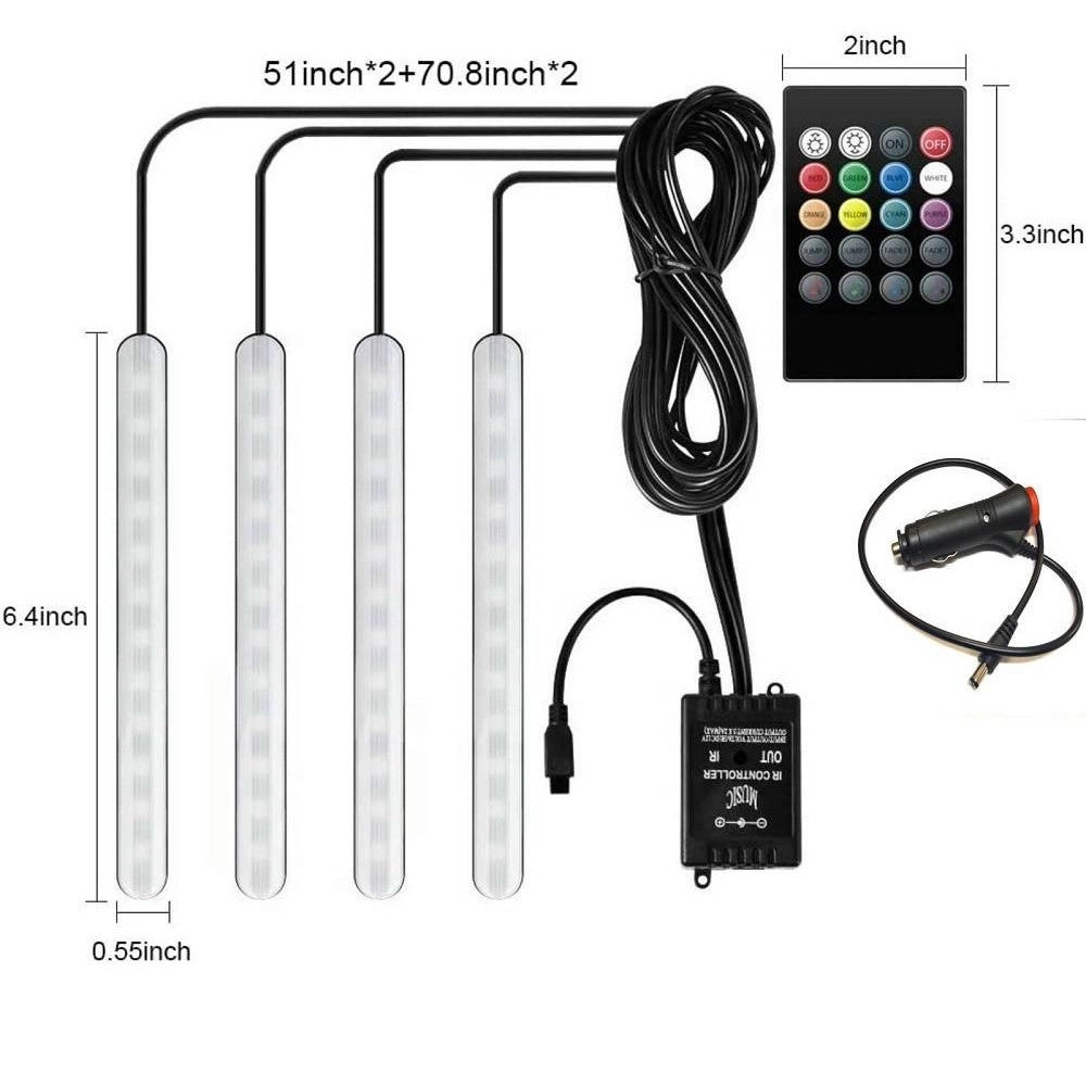 Trade Shop - Striscia Per Auto 48 Led Rgb 4 Barre 8 Colori Modalità Musica Con Telecomando -