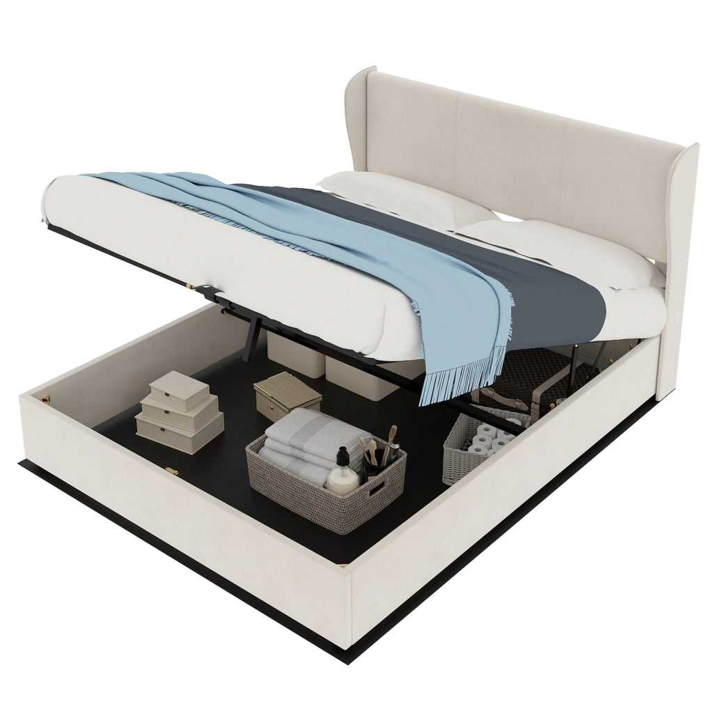 Letto Contenitore Imbottito ¨C MINIMAL ¨C Beige 140x200 con Testiera e Meccanismo Idraulico