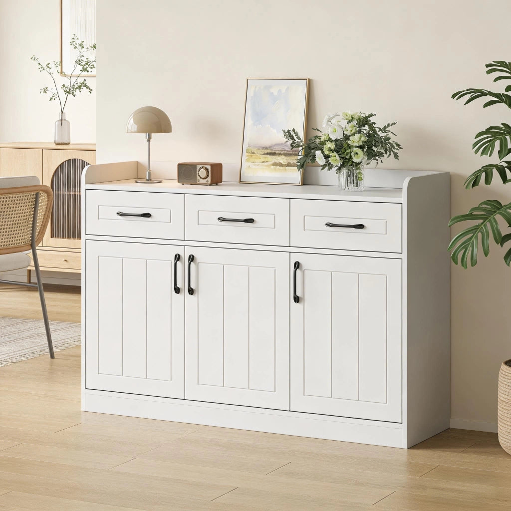 Credenza con 3 ante e 3 cassetti; ripiani regolabili - per soggiorno - bianco