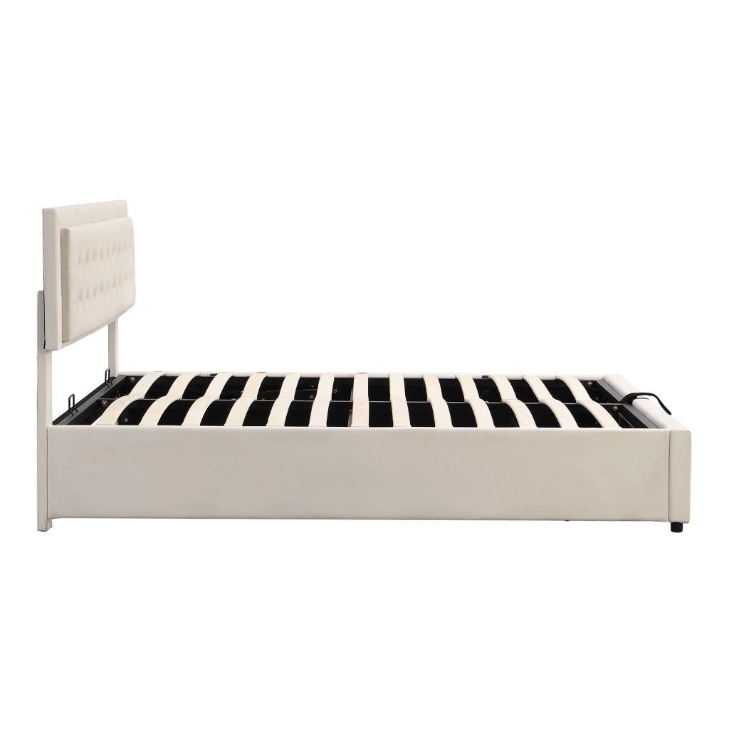 Letto matrimoniale contenitore con cassetti; testiera regolabile; velluto; 180x200 cm; beige