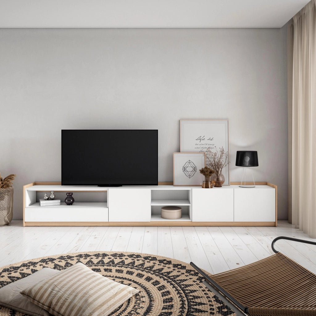 Mobile TV Soggiorno, 310x50x37 cm, Per TV fino a 80", Mobile Soggiorno, Bianco e Rovere soft