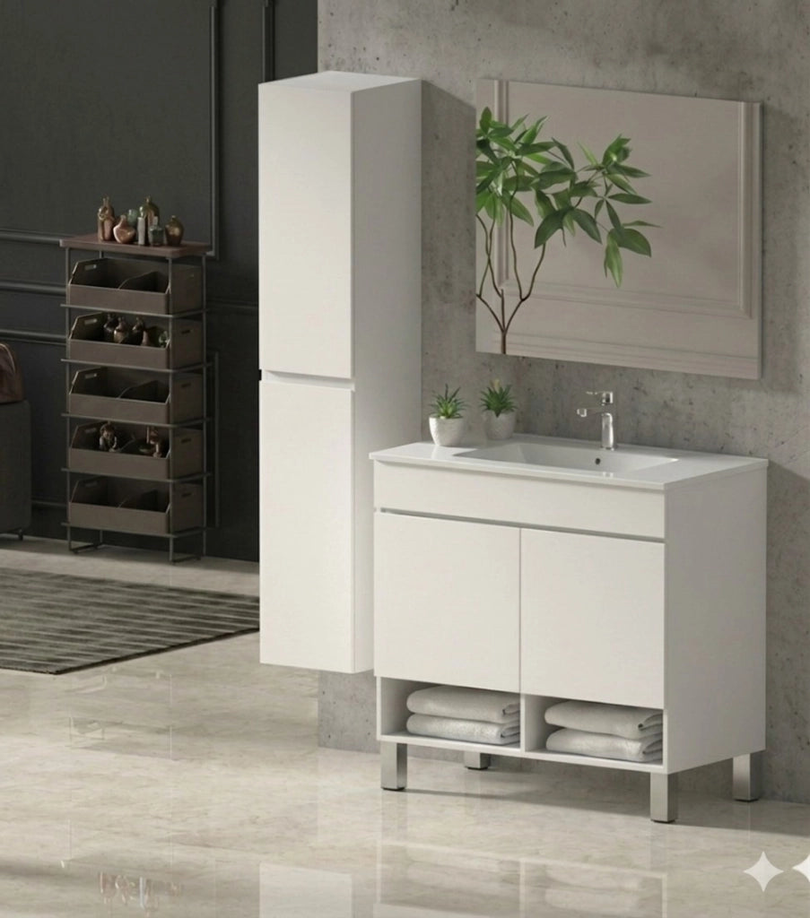 Mobile Bagno NEBARI com gambe Già Montato 2 portas, lavabo e specchio Bianco lucido 70x40 cm con colonna