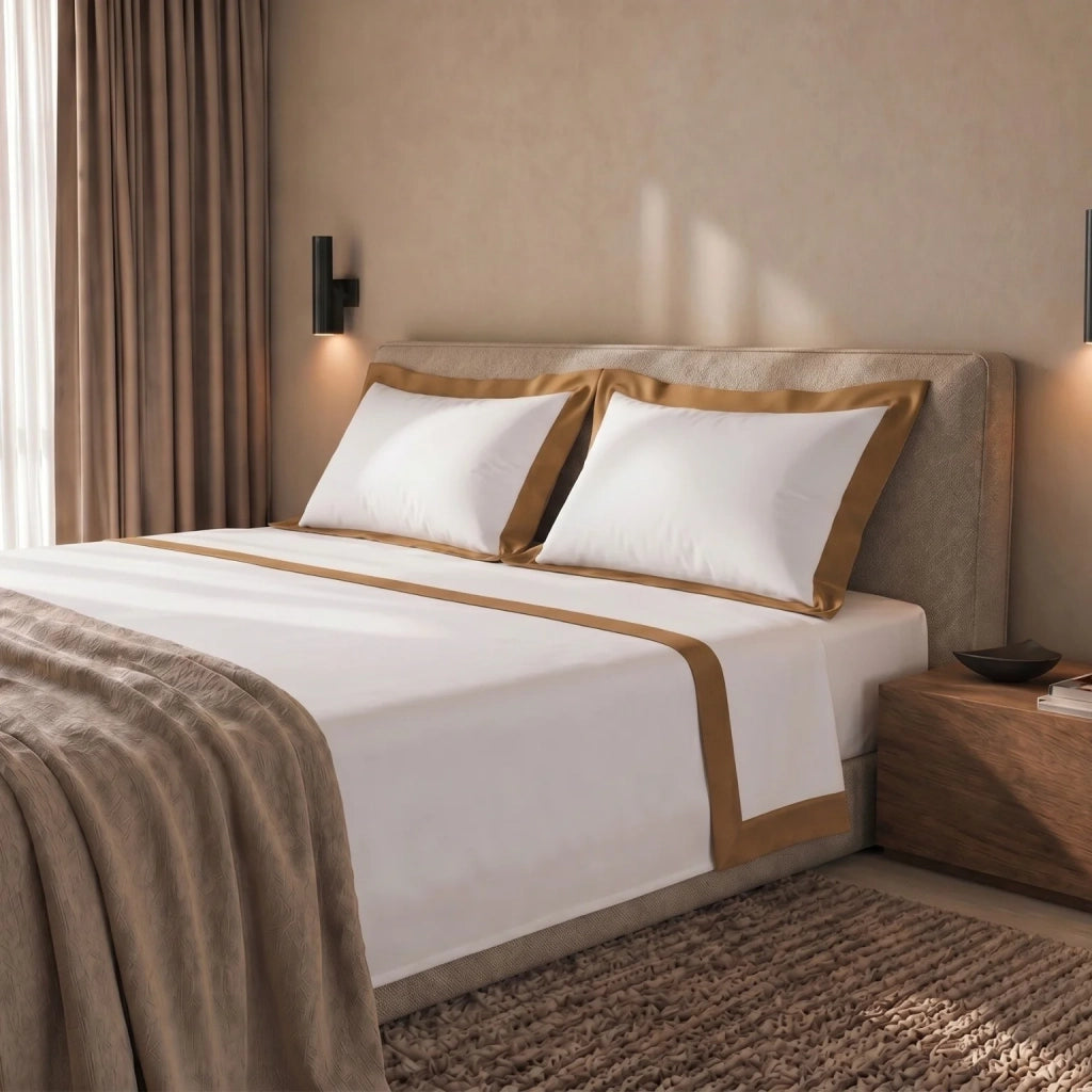 Set Lenzuola Letto Una Piazza e Mezza 100% Cotone | Lenzuolo Piano 190x295 cm, Lenzuolo con Angoli 130x200 cm e 1 Federa Coordinata | Lenzuola con Balza Decorativa in Raso Beige