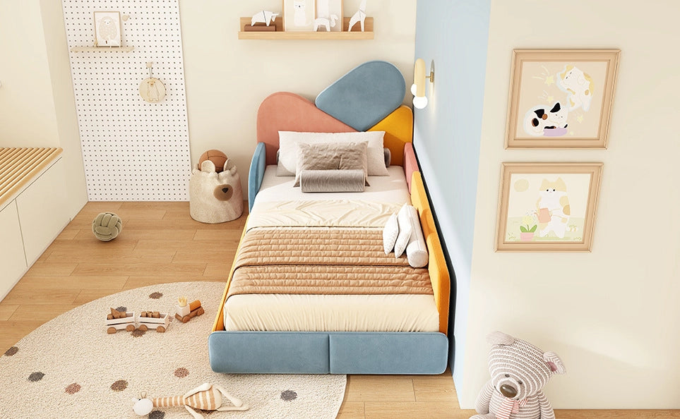 Letto imbottito per bambini 90x200 cm con protezioni laterali rialzate in velluto multicolore