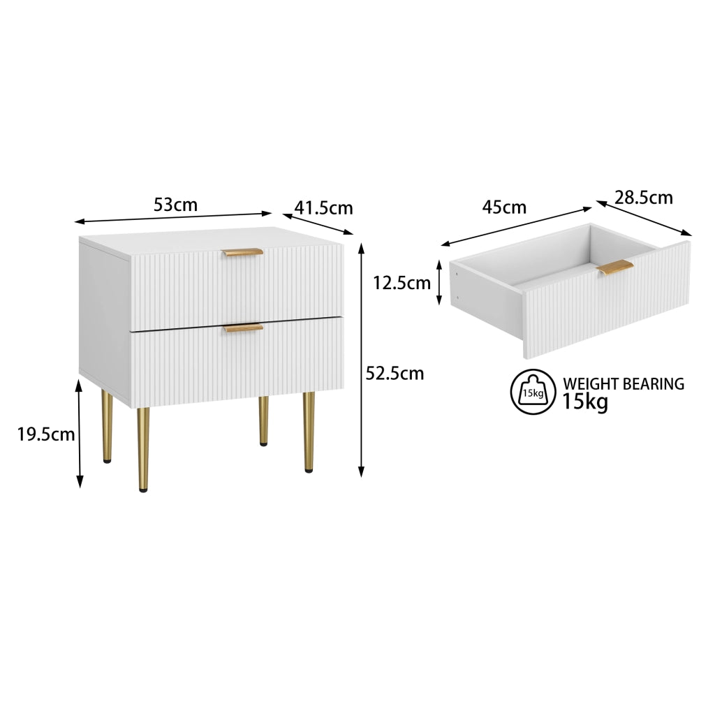 Comodino bianco con 2 cassetti e gambe in metallo