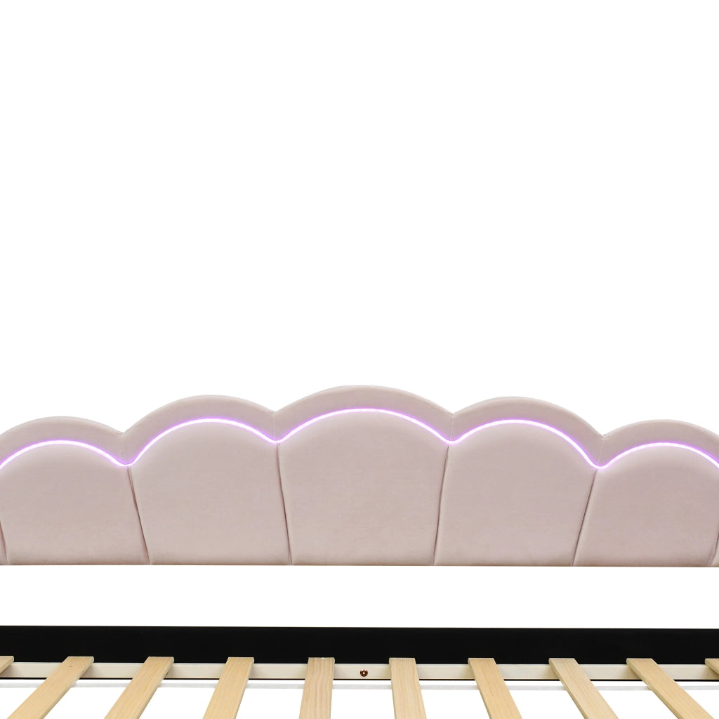 Letto estraibile singolo 90×200 cm con LED regolabile e rete; senza materasso; velluto; rosa