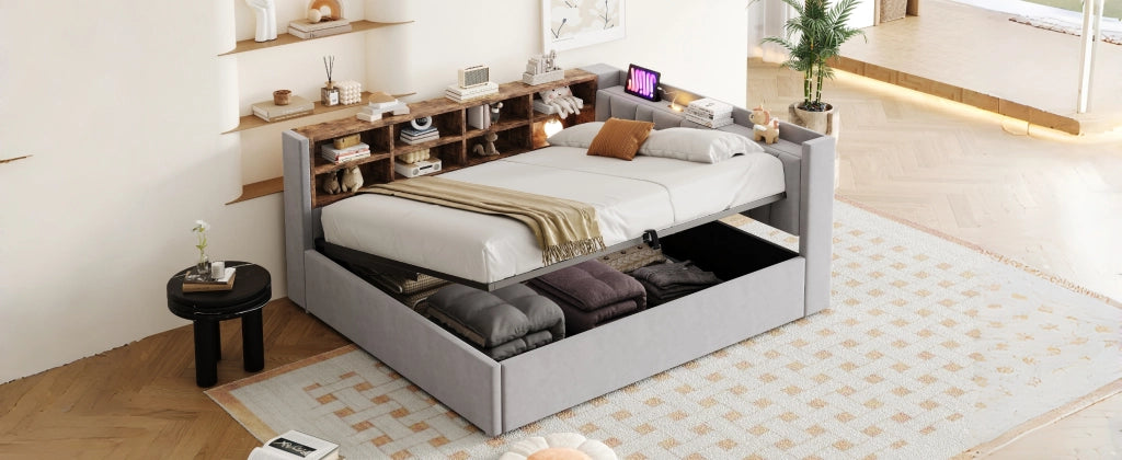 Divano letto imbottito con contenitore idraulico e USB-C, 140x200 cm, grigio chiaro