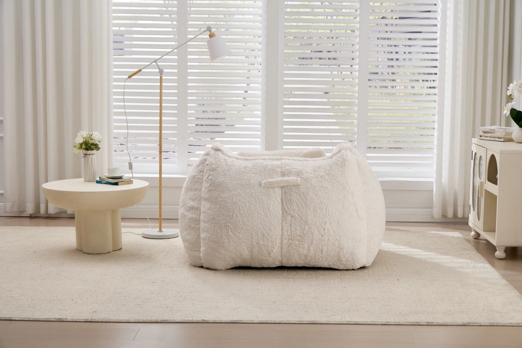 Poltrona Sacco Gigante con Pouf e Cuscino ¨C Xylo ¨C Tessuto Pelliccia Sintetica Beige