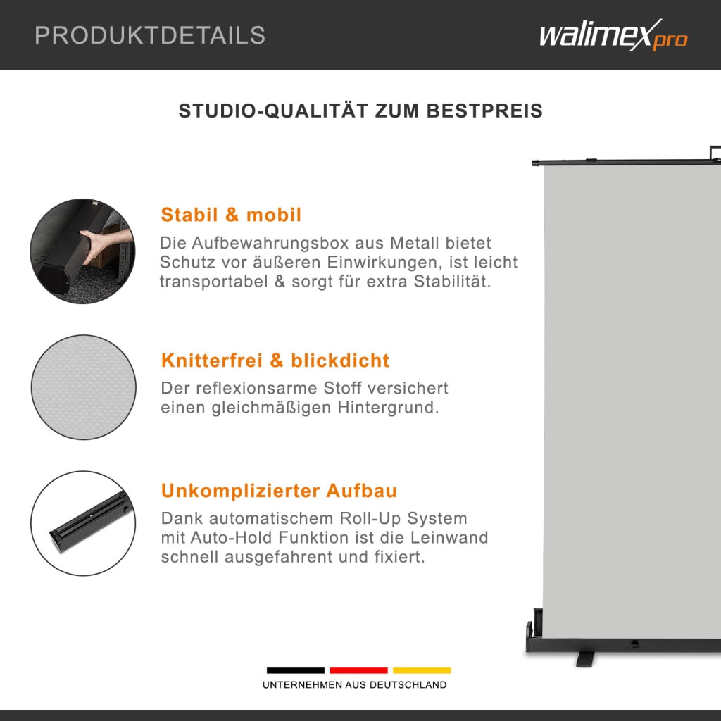 Fondale fotografico roll-up grigio 155x200, sfondo portatile con scatola di trasporto per fotoshooting, sistema autoportante, telo ingualcibile per studio fotografico