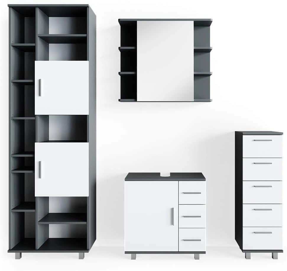 Set mobili bagno Ilias, Antracite, 60 cm, composto da mobile lavabo, pensile a specchio, colonna e base media
