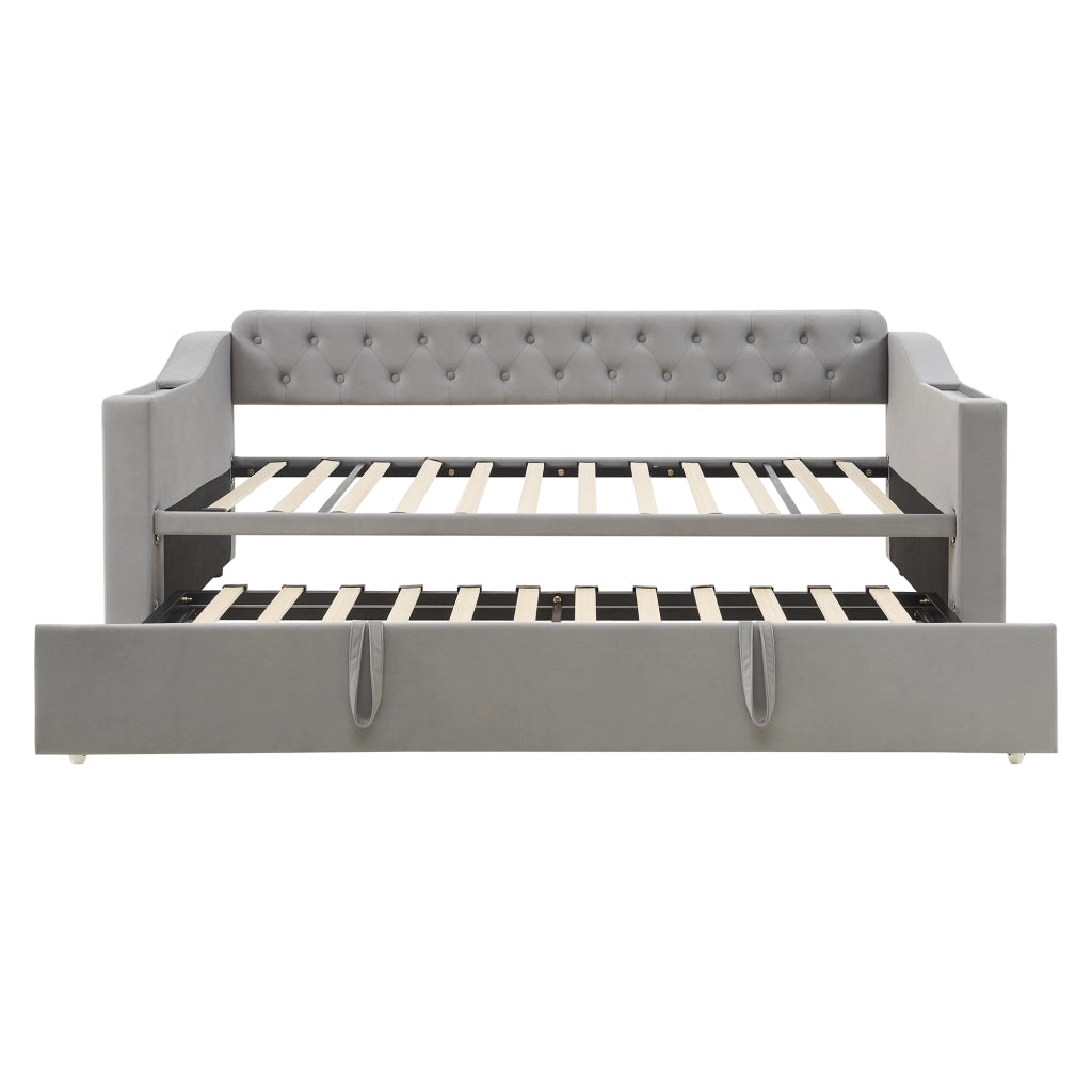 Divano letto imbottito estraibile 90x190 cm con rete a doghe, tessuto velluto, grigio