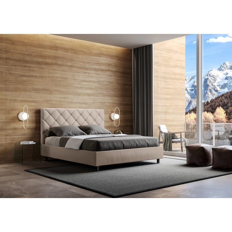 Letto imbottito Letto Matrimoniale alla Francese 150x190 cm Priya - Similpelle,Tortora,Contenitore