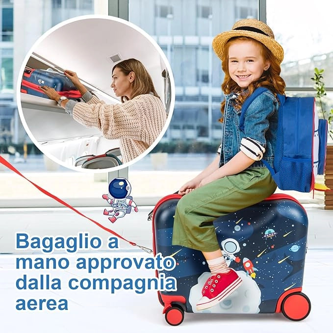 Valigia Cavalcabile per Bambini, 18" Valigia+ 12" Zaino,2 Pezzi, Trolley Bambini Bagaglio a Mano con Ruote Girevoli e Maniglia Retrattile, 2 Cingie Multiuso (Modello 4)