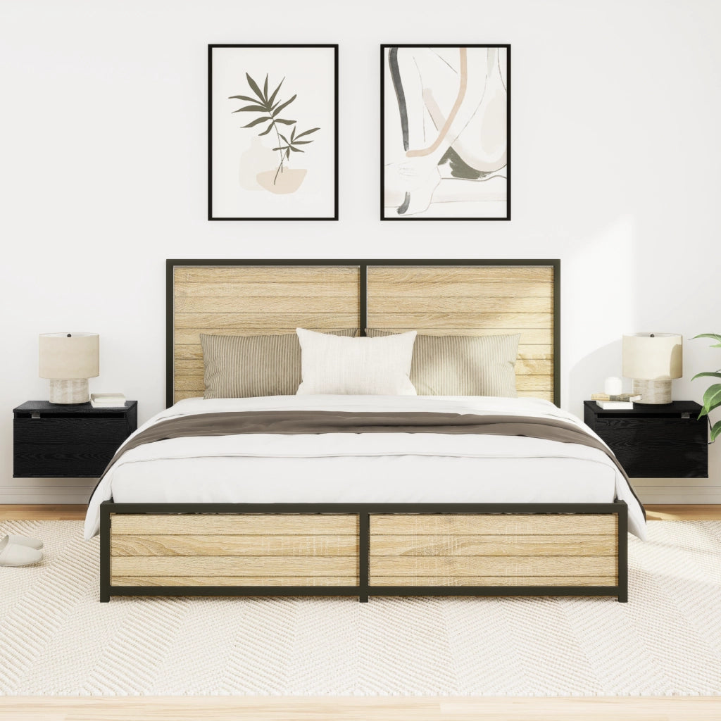Cabinette da notte  con luci LED 2 pz da parete in rovere nero