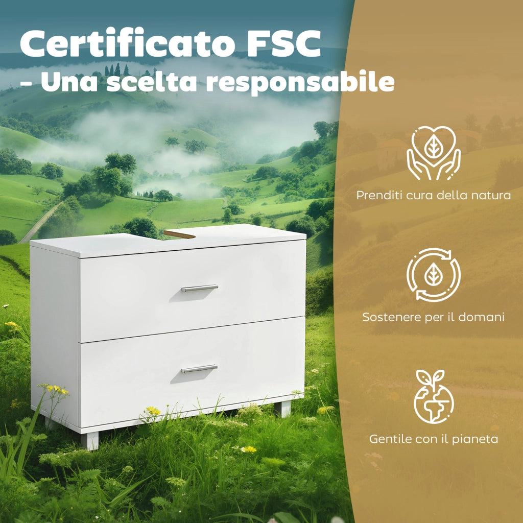 Mobile Sottolavabo Moderno 80x30x60 cm con 2 Cassetti e Intarsio a U in Legno Bianco
