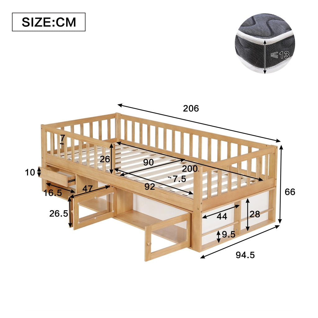 Letto per bambini 90x200 cm, con sponde di sicurezza, completo di cassetti e contenitore, color legno naturale