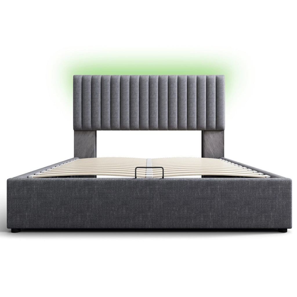 Letto matrimoniale imbottito 140x200 cm con contenitore, LED App-Control, USB e Type-C, grigio, con materasso