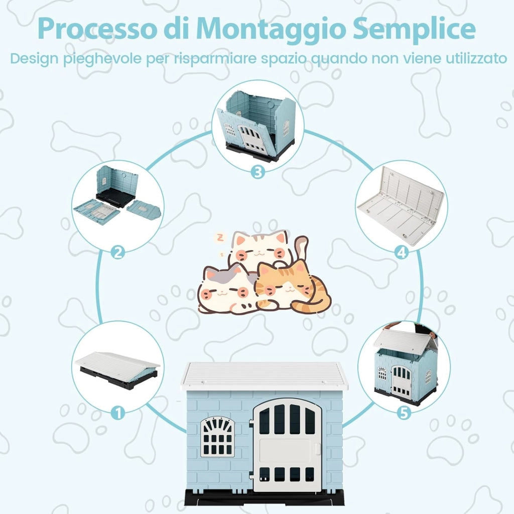 Cuccia per Cani da Esterno ed Interno, Casetta Impermeabile e Ventilata con Vassoio Toilette Rimovibile, Porta Bloccabile, 3 Finestre e Tetto a Pendenza, per Cani di Piccoli e Gatti (Blu)