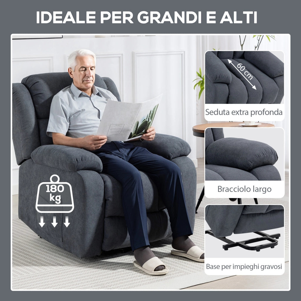 Poltrona Elettrica Alzapersona Reclinabile 135° con Poggiapiedi in Tessuto Effetto Lino Grigio Scuro