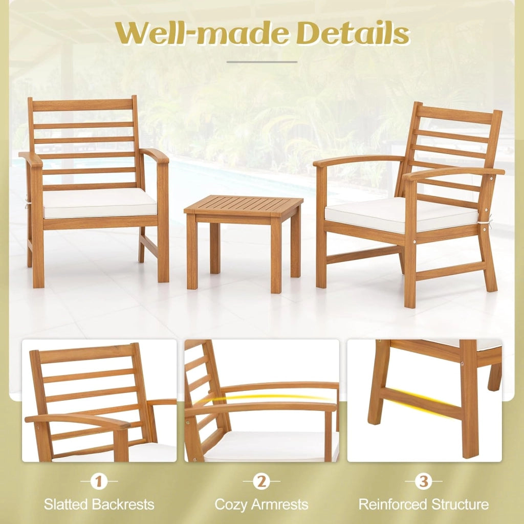 Set di 3 mobili da giardino in legno di acacia, per balconi, terrazze, mobili da giardino, set da 2 persone, set da 2 sedie con tavolo in legno, set da giardino con cuscino incluso