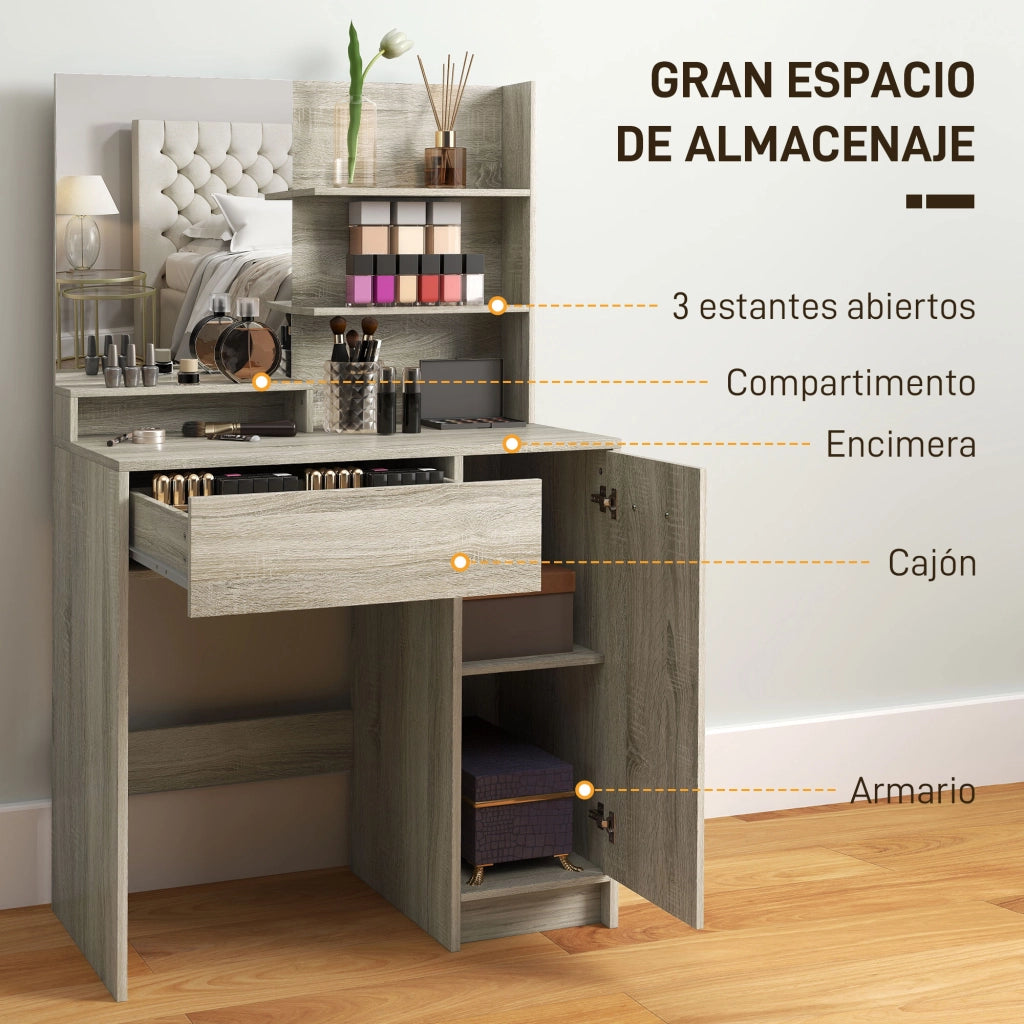 Cassettiera per trucco con specchio e sgabello ¨C zephmum ¨C naturale e beige