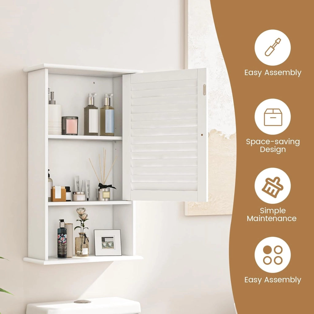 Armadio da Bagno a Parete con Porta, 2 Ripiani Regolabili e Scomparto Aperto, Armadio in Legno a 3 Livelli, Mobile Multiuso per il Bagno, Cucina, Ingresso, 42x17x70 cm (Bianco)