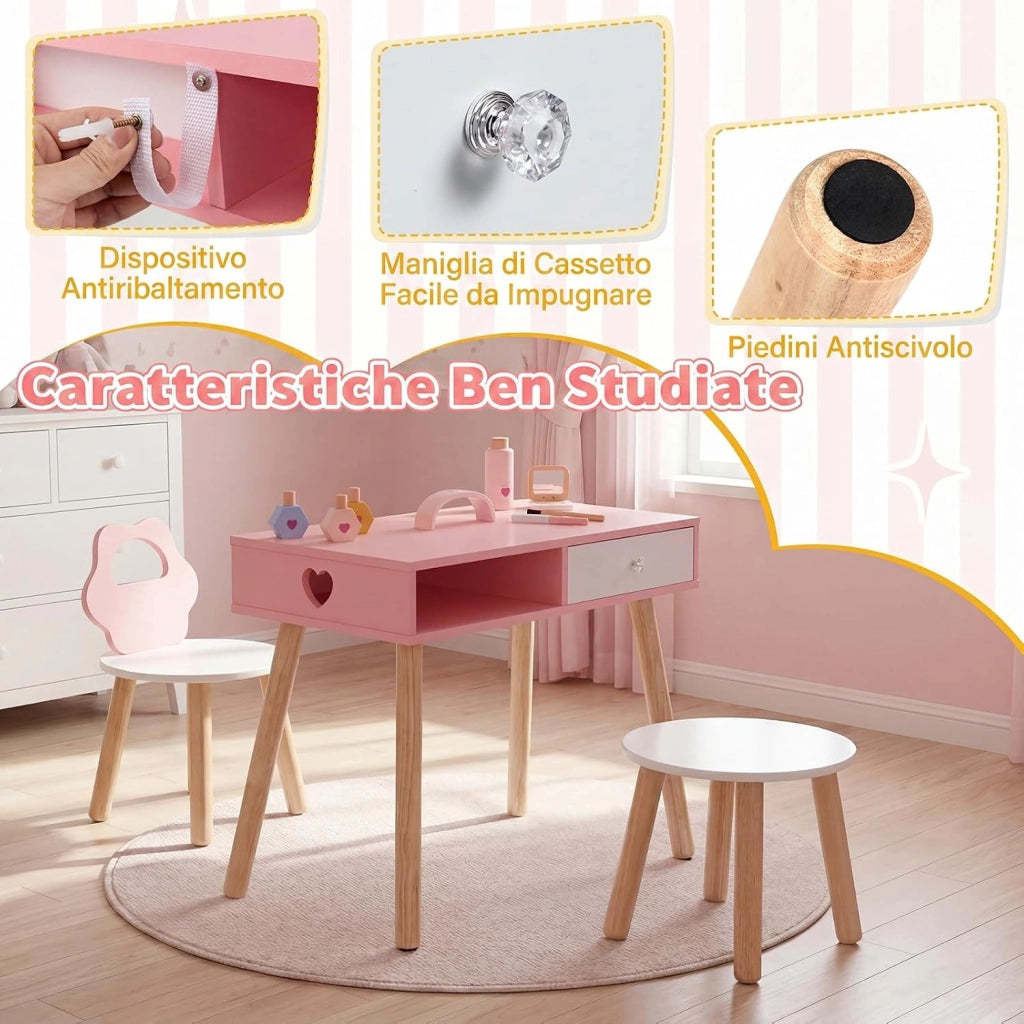2 in 1 Set Tavolo Manicure per Bambini per Cameretta | Set Toeletta per Bambini con 2 Sedie in Legno con Cassetto e Scomparto, Postazione Trucco per Gioco e Studio, 61 x 35 x 51 cm