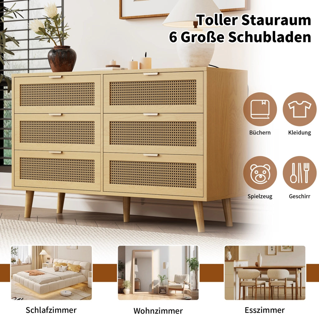 Cassettiera in rovere con 6 cassetti e maniglie in metallo