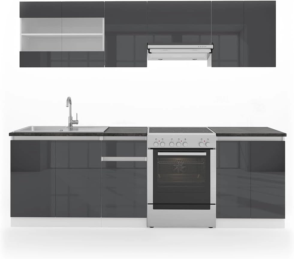 Mobile da cucina Raul, Antracite lucido/bianco, 240 cm, AP Nero, con moduli posizionabili variabilmente e piedini regolabili in altezza
