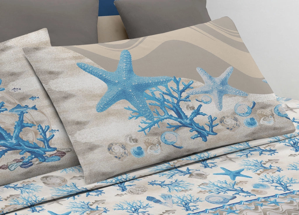 Completo Lenzuola Letto Pensieri Delicati 100% Cotone Dis. Marina New - Singolo - Azzurro