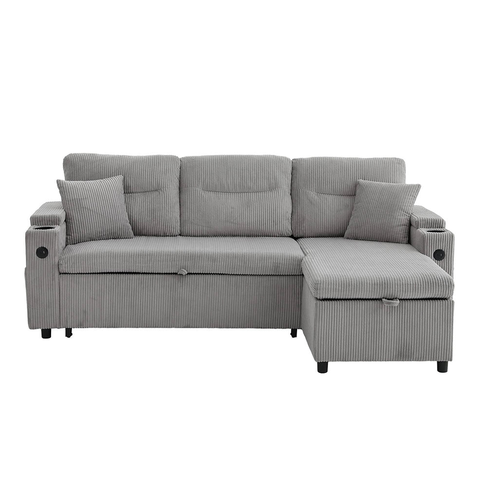 Divano moderno 3 posti - Xylo - Velluto costolato, spazio di archiviazione, porta bevande, USB-C, chaise longue idraulica, letto a cassetto