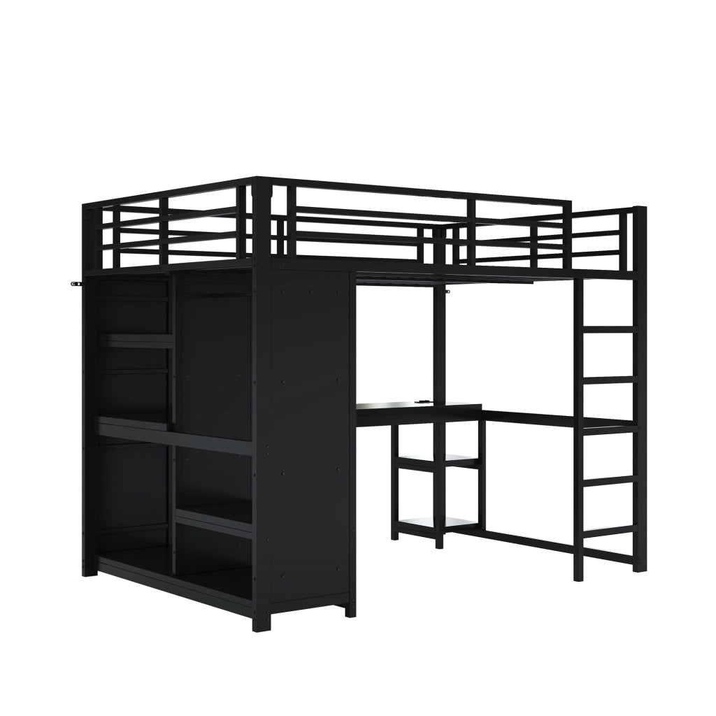 LETTO a soppalco 140x200 cm in Metallo Nero con scrivania e armadio aperto