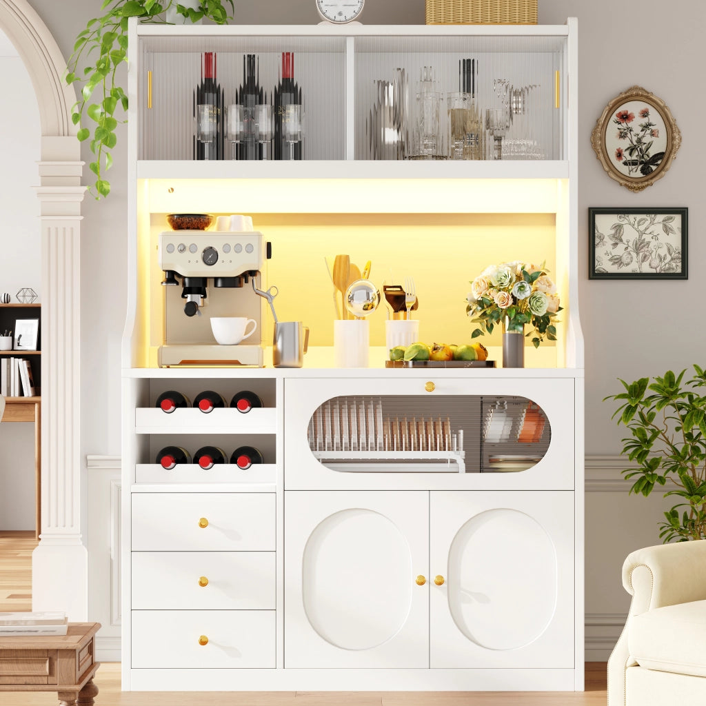 Credenza alta con vetrina, 3 cassetti e ripiani regolabili per cucina, bianco, 120 × 40 × 180 cm