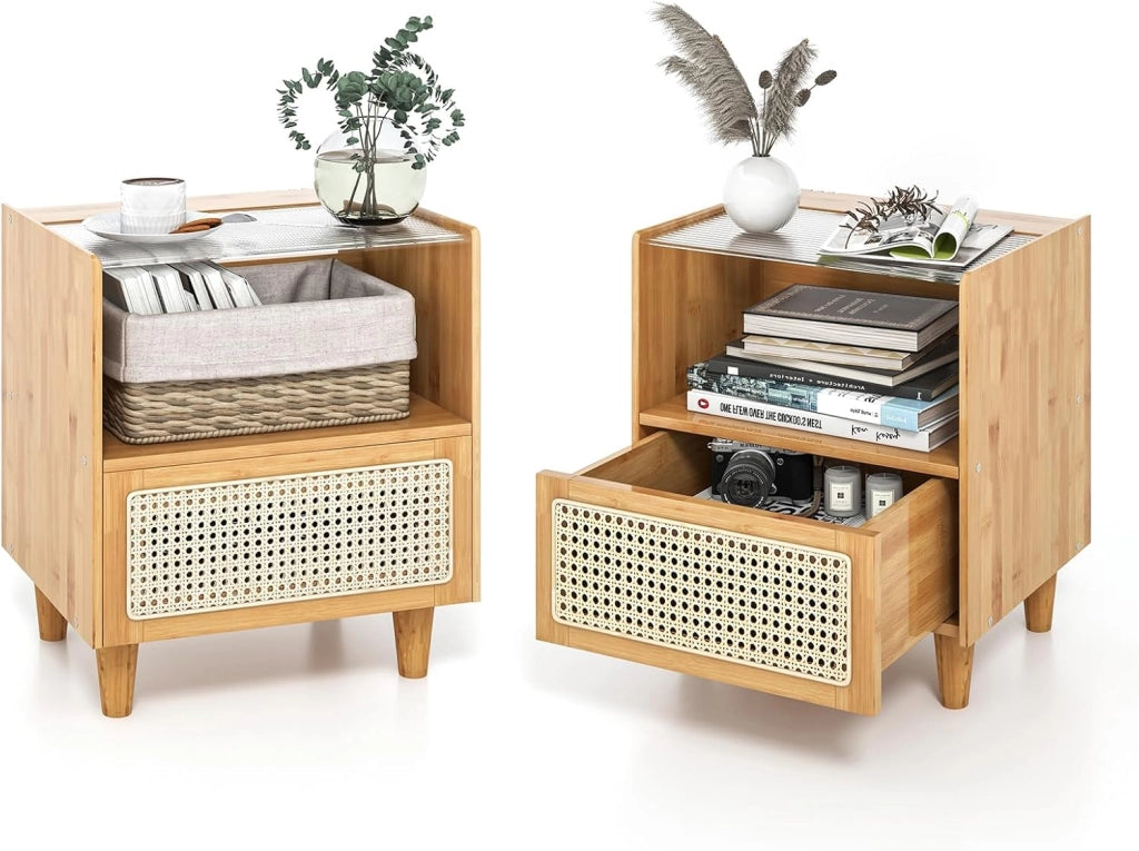 Comodino in Bambù, Comodone da Letto con Cassetto in Rattan e Scomparto Aperto, Tavolino con Piano in Vetro, 43 x 35 x 50 cm (2 Naturale)