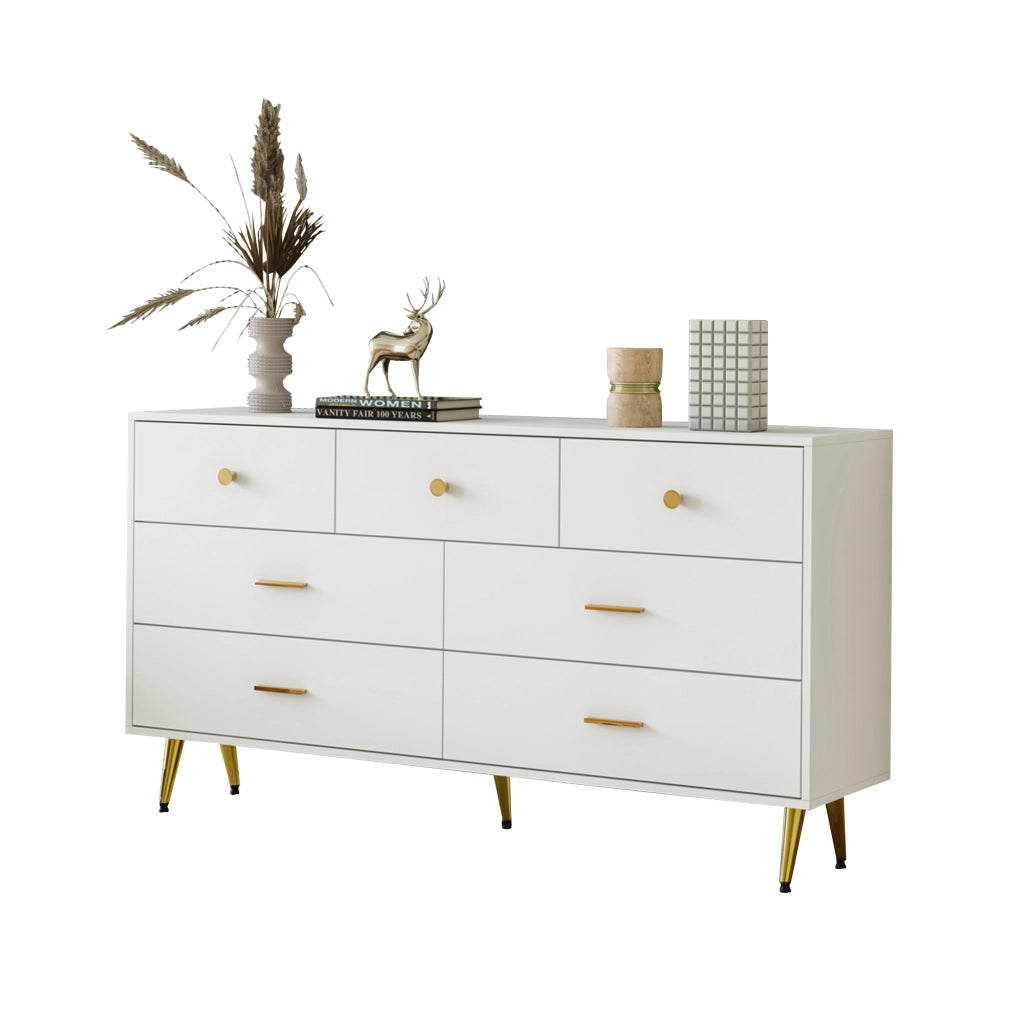 Credenza con 7 Cassetti ¨C Xylo ¨C Bianco, Maniglie Dorate, 140x35x76 cm