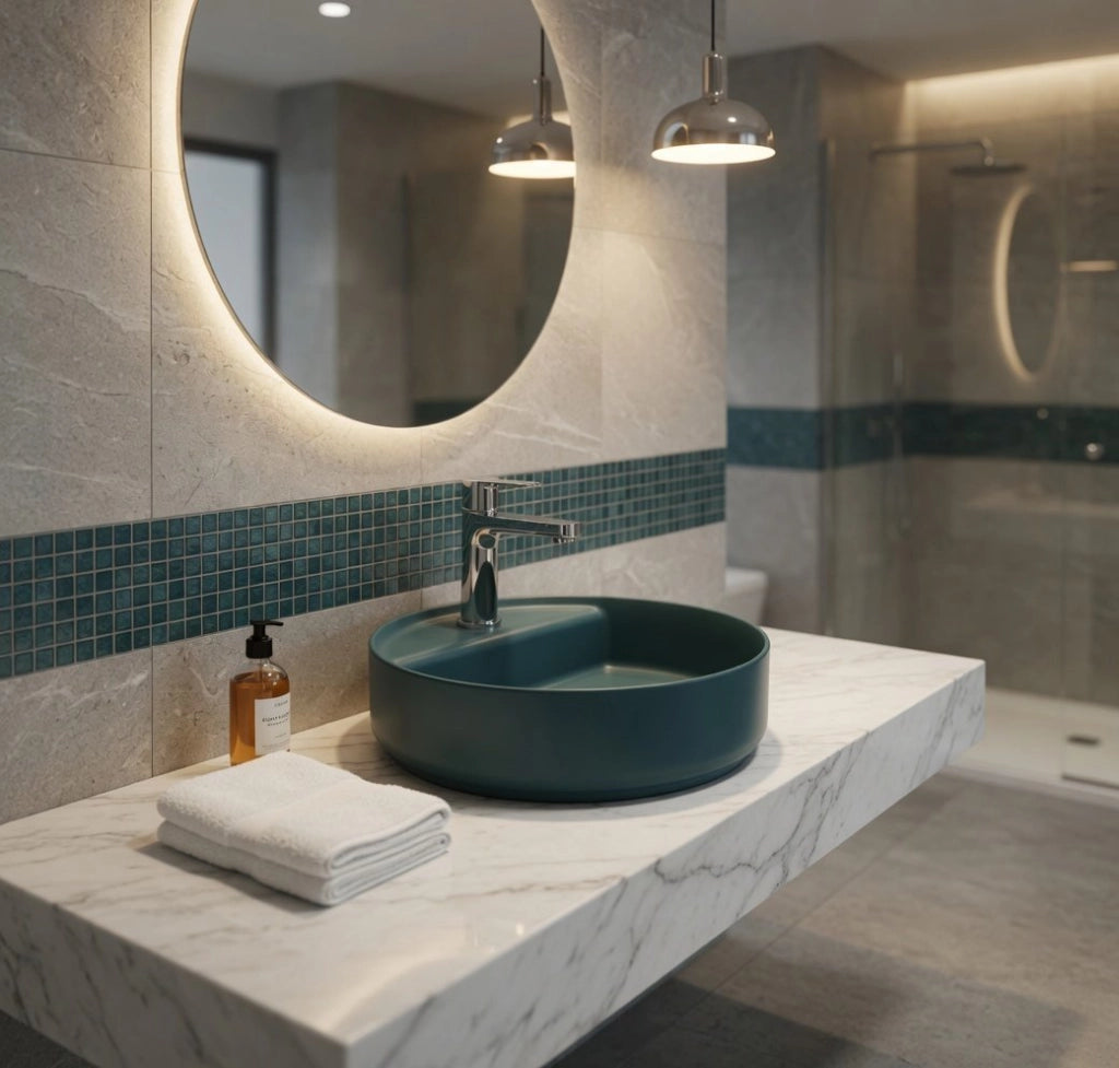 Lavabo tondo da appoggio senza troppo pieno in ceramica con foro rubinetto -Verde Petrolio Opaco