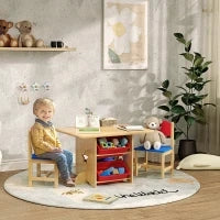 Set Tavolo e Sedie per Bambini 3-7 Anni con 2 Sedie e Tavolo con 4 Contenitori, in Legno e PP, color Legno