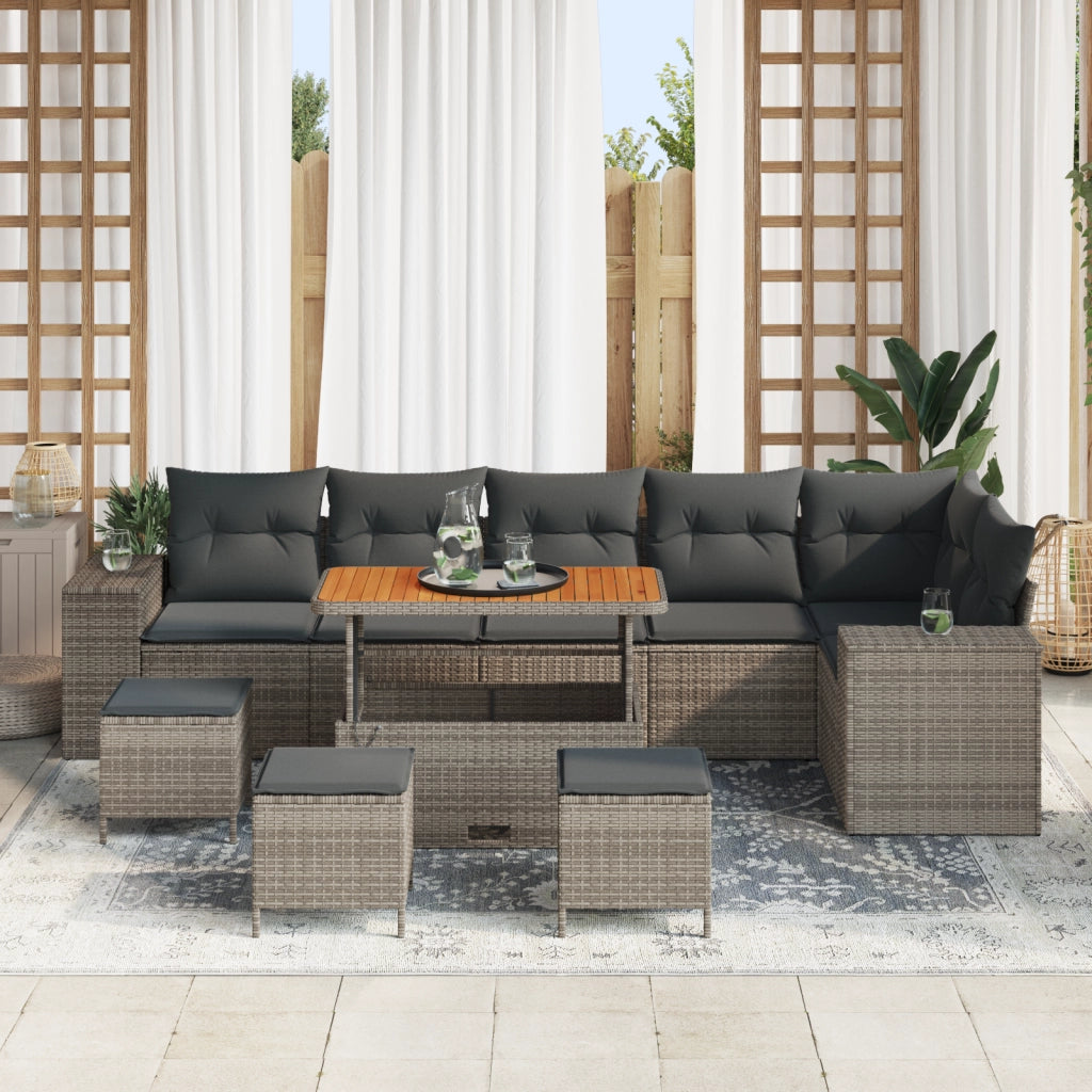Set divano da giardino in polyrattan grigio da 10 pezzi con cuscini di